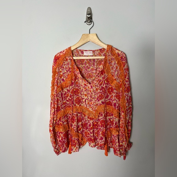 Miss June Paris Lurex Myko Long Sleeve Blouse Fuschia Orange Boho gorgeous! 742 - Picture 5 of 16